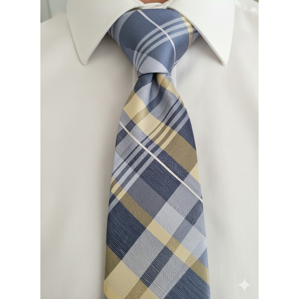 Michael Kors blue yellow plaid silk linen blend tie - 57.5"